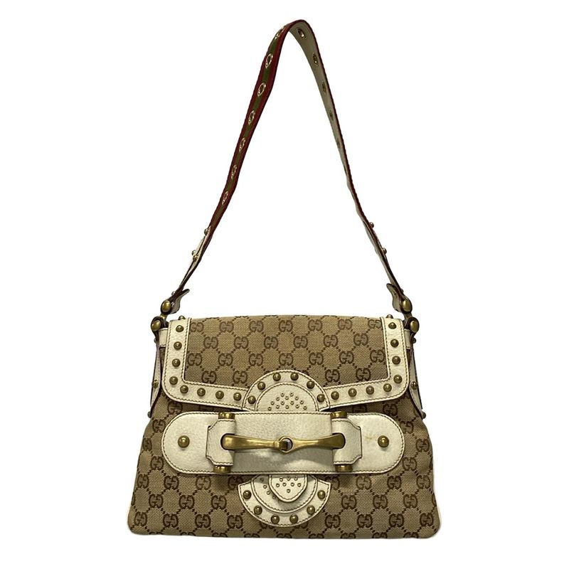Gucci Shoulder Bag Horsebit/gg Pattern 144010 Beige/brown/ivory Studded Leather