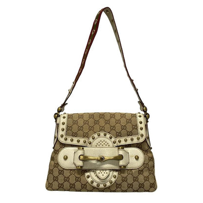 Gucci Shoulder Bag Horsebit/gg Pattern 144010 Beige/brown/ivory Studded Leather