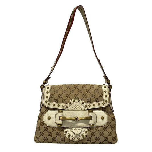 Gucci Shoulder Bag Horsebit/gg Pattern 144010 Beige/brown/ivory Studded Leather