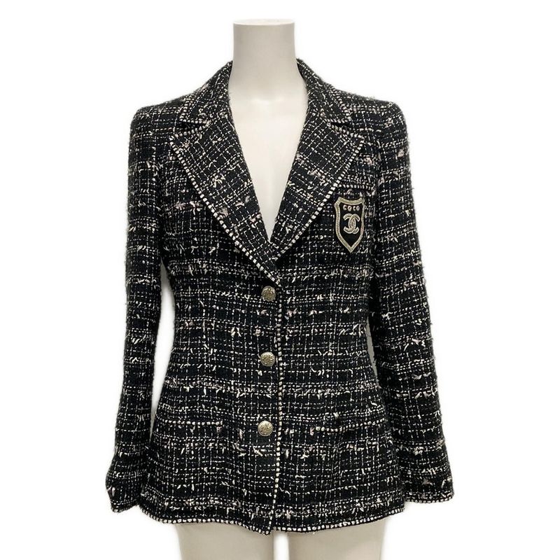 Chanel Jacket Size 38 M Women's P24952 Black And Ivory Lame/tweed/emblem Cotton
