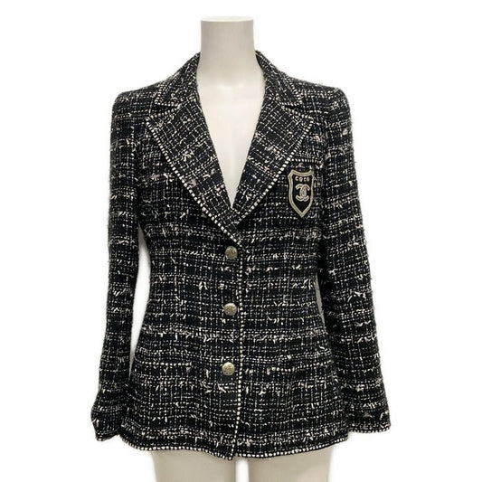 Chanel Jacket Size 38 M Women's P24952 Black And Ivory Lame/tweed/emblem Cotton