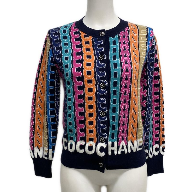 Chanel Cardigan Size 40 M Women's P71599 Black X Pink X Multi Rhinestones
