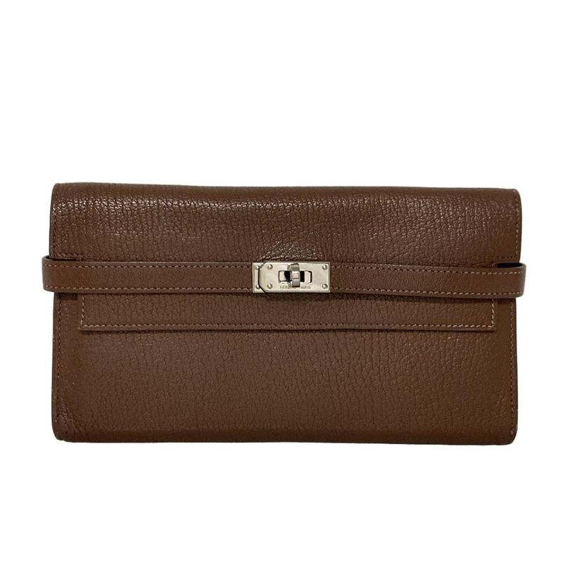 Hermes Kelly Wallet Long Brown Silver Hardware