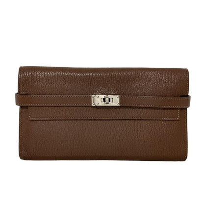 Hermes Kelly Wallet Long Brown Silver Hardware