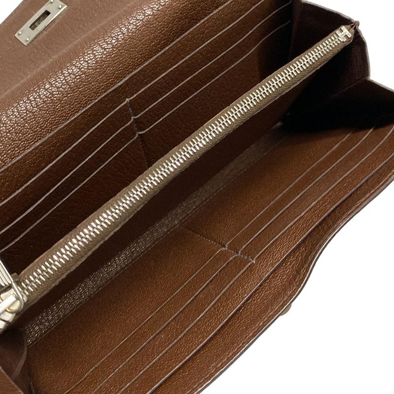 Hermes Kelly Wallet Long Brown Silver Hardware