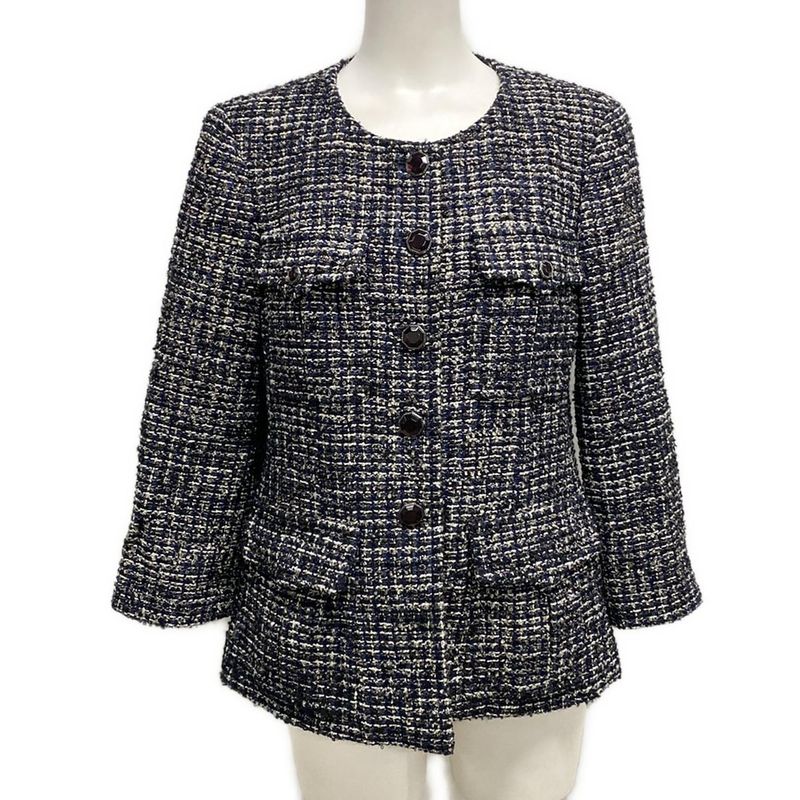 Chanel Jacket Size 40 M Women's P44672 Navy X White X Multi Tweed Wool