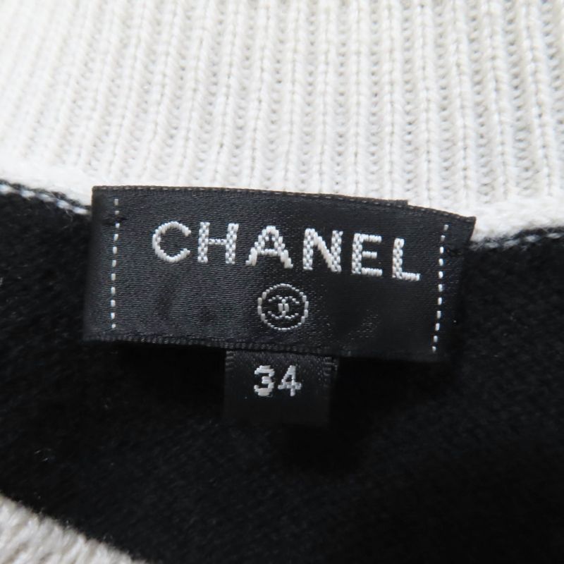 CHANEL 22C P72116k10346 Cashmere Coco Mark Long Sleeve Knit Top White Black 34