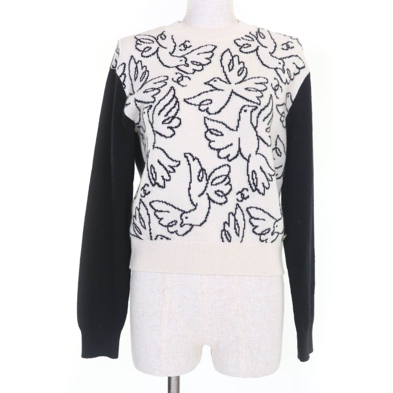 CHANEL 22C P72116k10346 Cashmere Coco Mark Long Sleeve Knit Top White Black 34