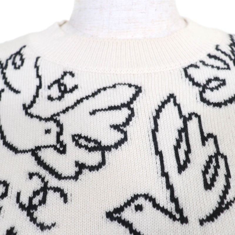 CHANEL 22C P72116k10346 Cashmere Coco Mark Long Sleeve Knit Top White Black 34