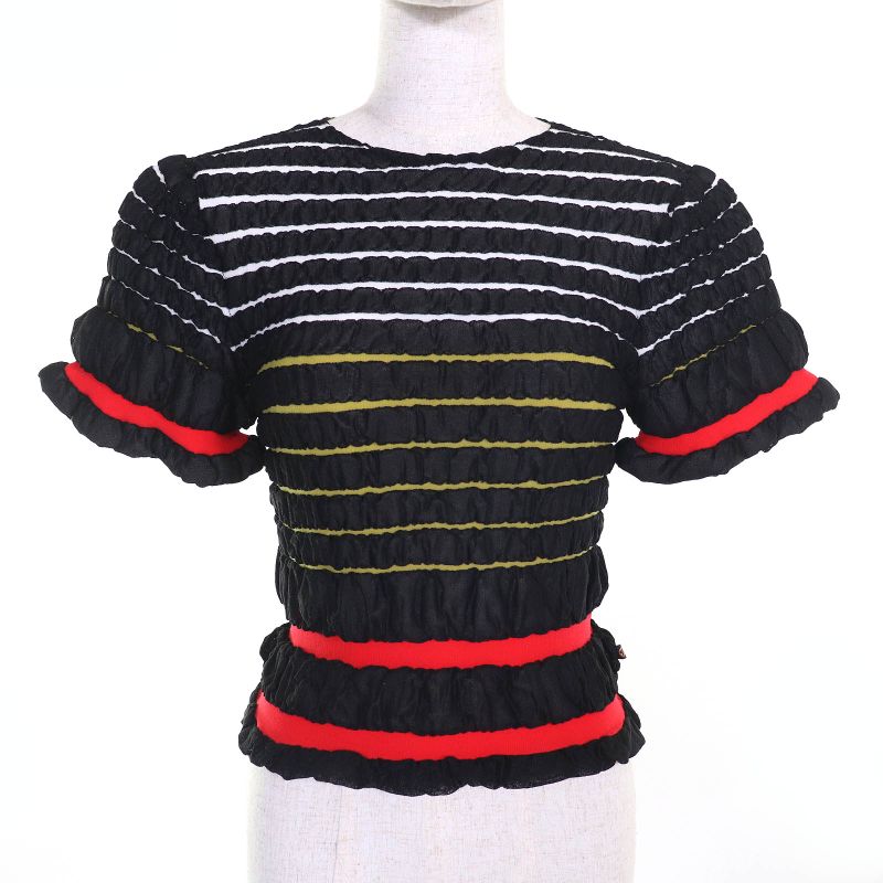 Louis Vuitton 23SS Crew Neck Short Sleeve Cropped Knit Top Black Red S Made In