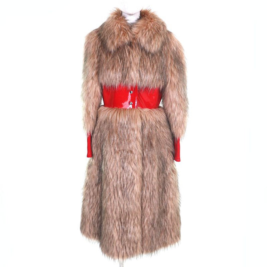 Gucci 22AW 708505 Leather Use Eco-fur Long Coat 100% Silk Lining Beige Red 38