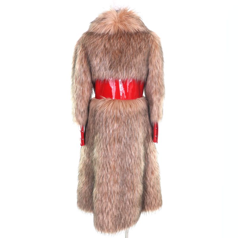 Gucci 22AW 708505 Leather Use Eco-fur Long Coat 100% Silk Lining Beige Red 38