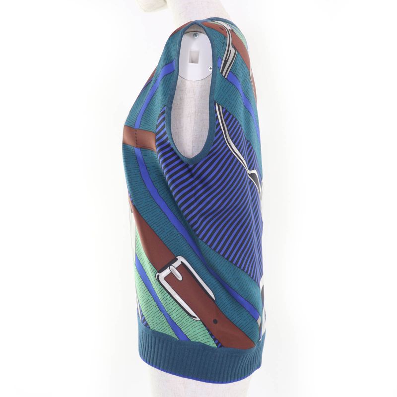 Hermes 100% Silk Wool Twill Raine Sleeveless Knit Top Blue Green 38 Made In