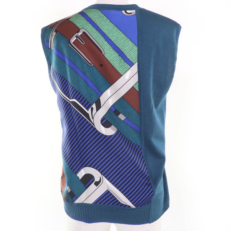 Hermes 100% Silk Wool Twill Raine Sleeveless Knit Top Blue Green 38 Made In