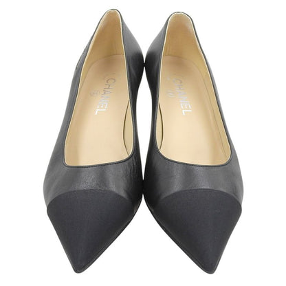CHANEL G33086 Gabrielle Embroidered Logo Pointed Toe Leather Pumps Black 38.5