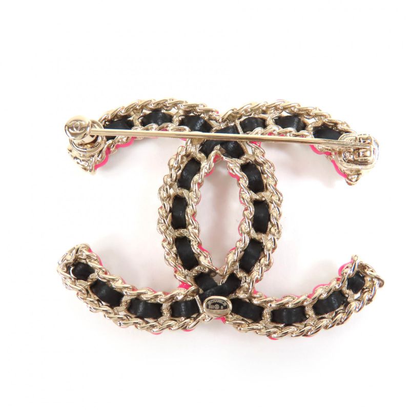 CHANEL B23B Coco Mark Brooch Gold Black Pink With Box And Storage Bag Made In