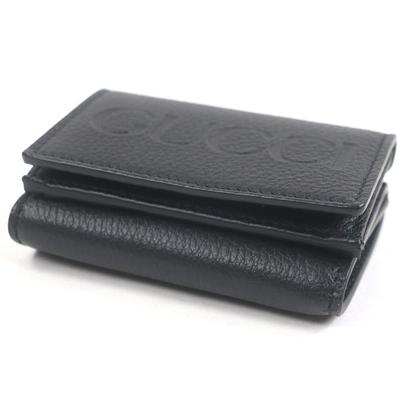 Gucci 736151 Leather Embossed Logo Compact Wallet Trifold Wallet Black With Box