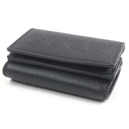 Gucci 736151 Leather Embossed Logo Compact Wallet Trifold Wallet Black With Box