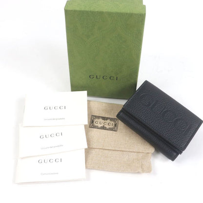 Gucci 736151 Leather Embossed Logo Compact Wallet Trifold Wallet Black With Box