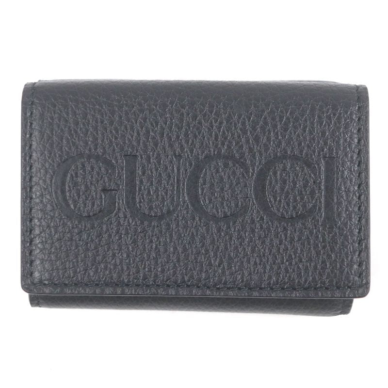 Gucci 736151 Leather Embossed Logo Compact Wallet Trifold Wallet Black With Box
