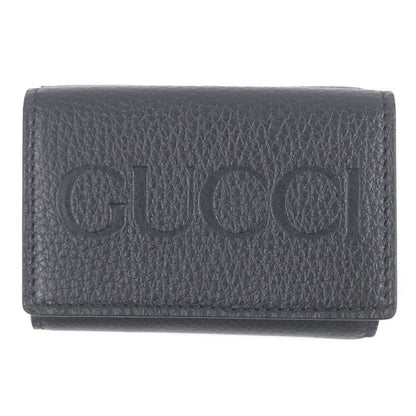 Gucci 736151 Leather Embossed Logo Compact Wallet Trifold Wallet Black With Box