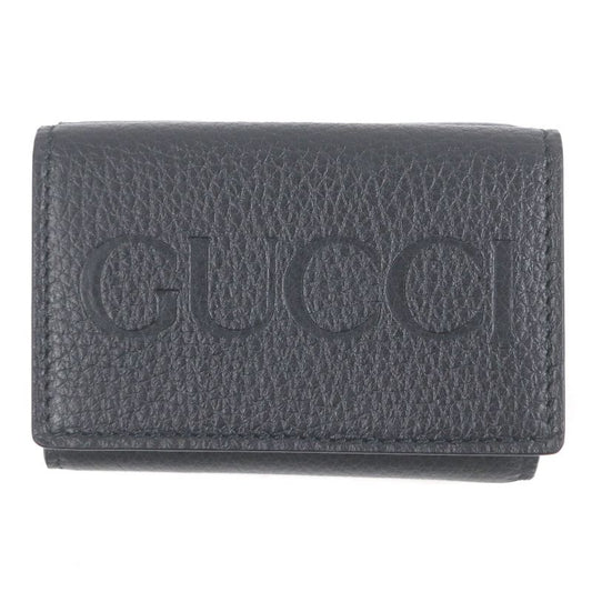 Gucci 736151 Leather Embossed Logo Compact Wallet Trifold Wallet Black With Box