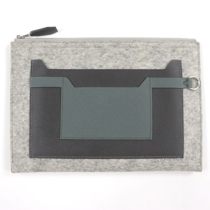 Hermes TOO DOO TOO DOO 29 Felt Vaux Epson Leather Silver Hardware Flat Pouch
