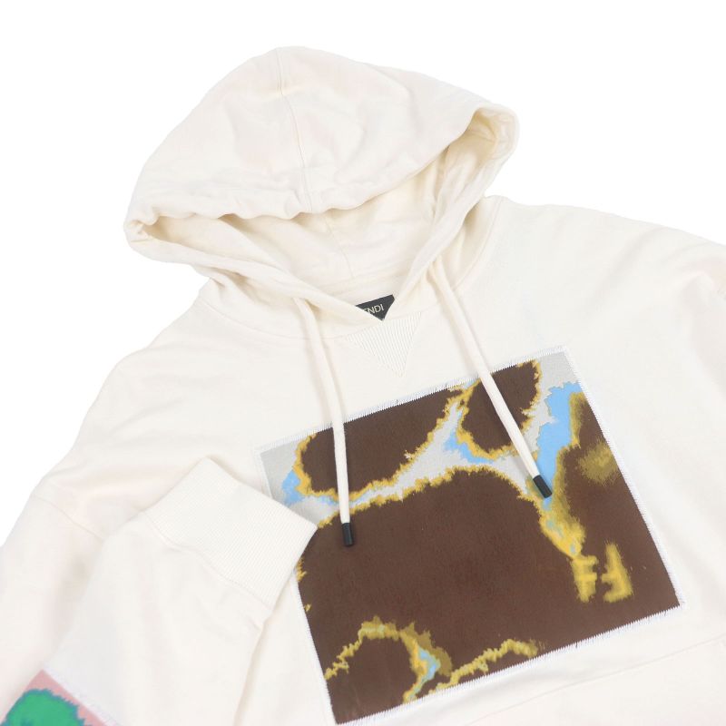 Fendi Fy1203 Logo Patch Embroidery Pullover Hoodie Ivory S Storage With Bag