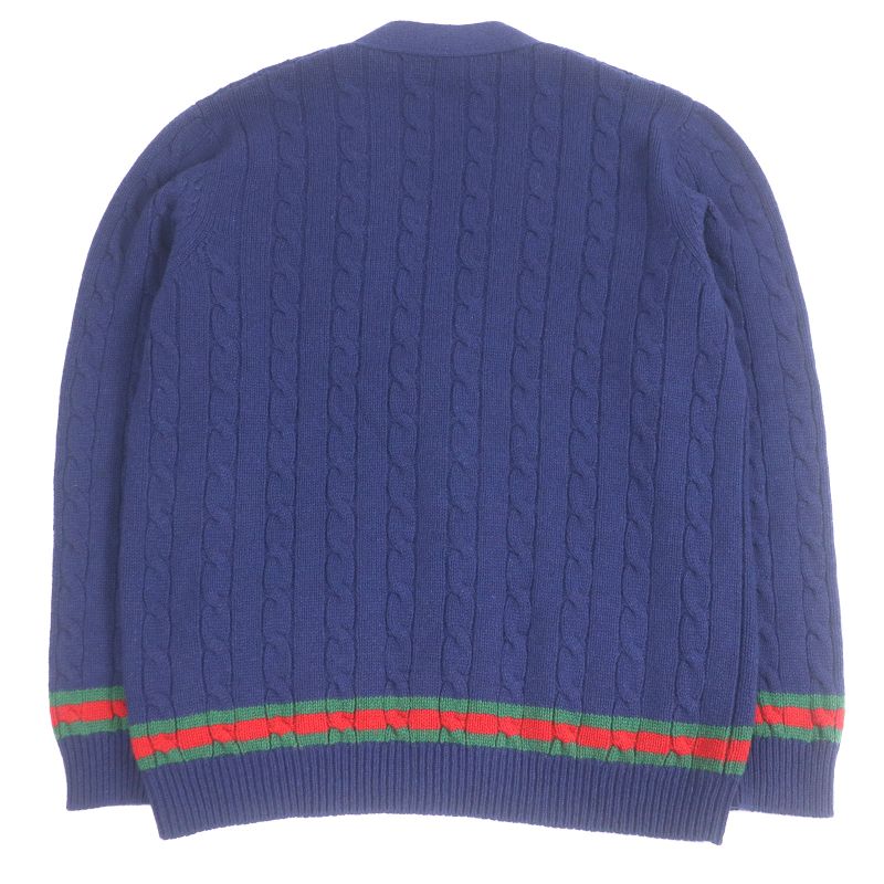 Gucci 673487 95% Cashmere Webbed Cable-knit Long-sleeved Knitted Cardigan Navy