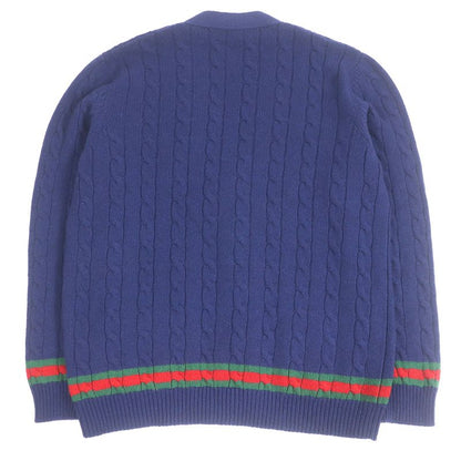 Gucci 673487 95% Cashmere Webbed Cable-knit Long-sleeved Knitted Cardigan Navy