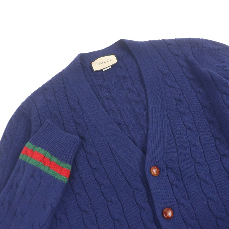Gucci 673487 95% Cashmere Webbed Cable-knit Long-sleeved Knitted Cardigan Navy