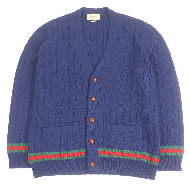 Gucci 673487 95% Cashmere Webbed Cable-knit Long-sleeved Knitted Cardigan Navy