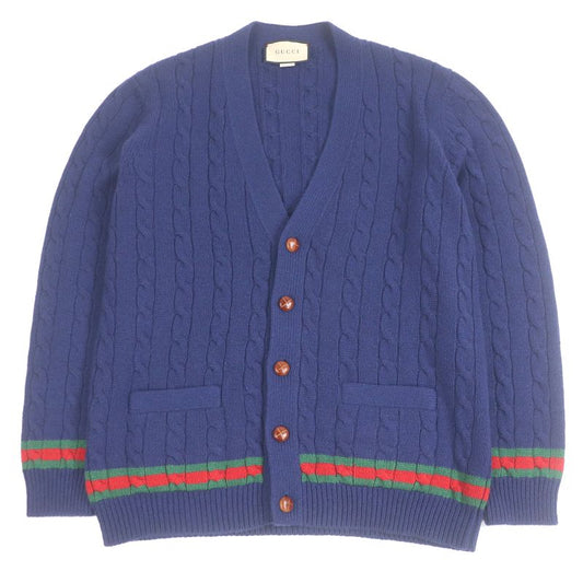 Gucci 673487 95% Cashmere Webbed Cable-knit Long-sleeved Knitted Cardigan Navy
