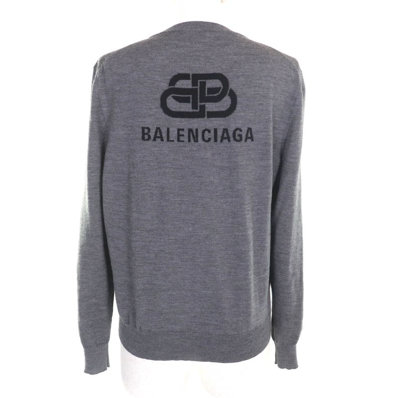 Balenciaga 100% Wool Back Logo Crew Neck Long Sleeve Knit Sweater Grey XS Made