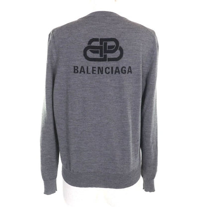 Balenciaga 100% Wool Back Logo Crew Neck Long Sleeve Knit Sweater Grey XS Made