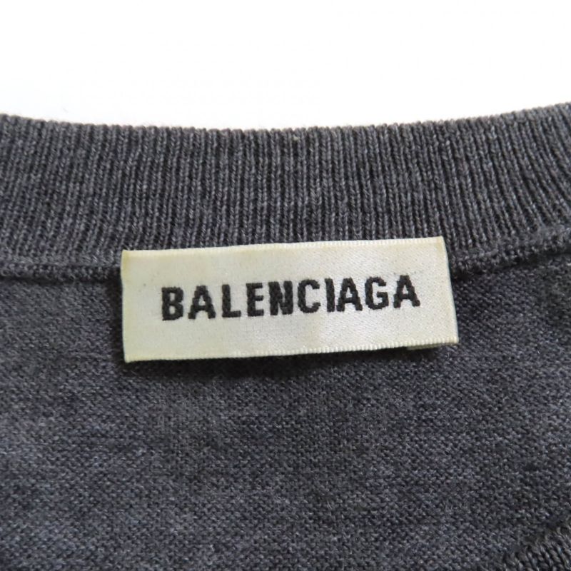 Balenciaga 100% Wool Back Logo Crew Neck Long Sleeve Knit Sweater Grey XS Made