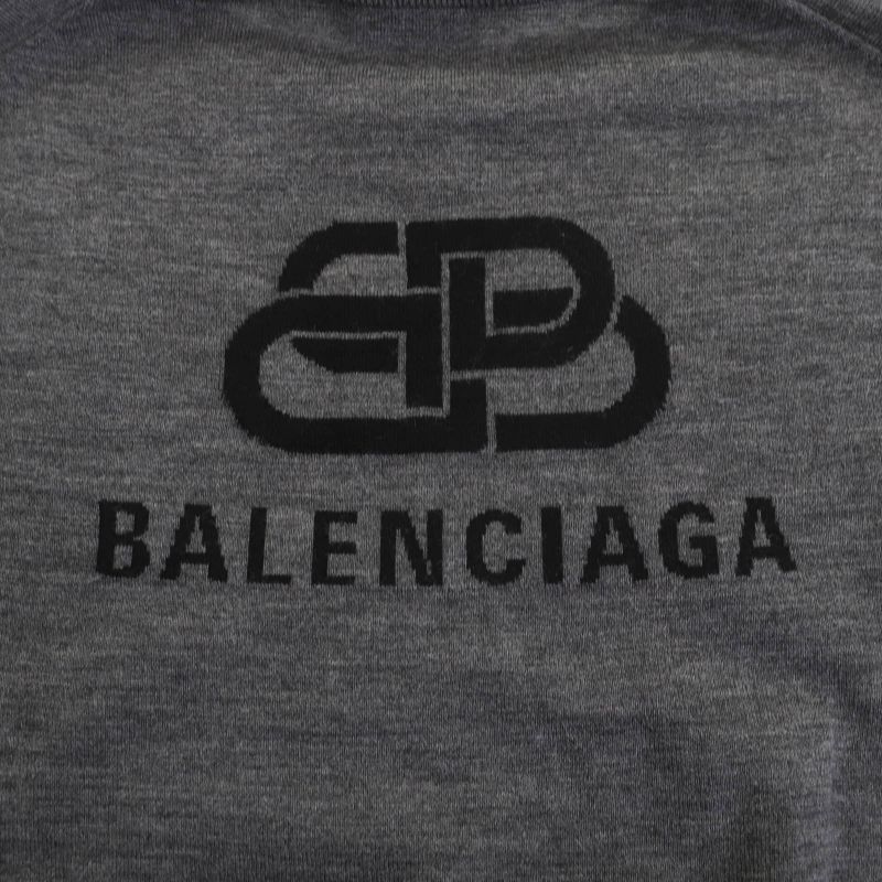 Balenciaga 100% Wool Back Logo Crew Neck Long Sleeve Knit Sweater Grey XS Made