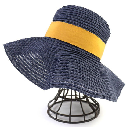 Hermes 100% Hemp H Logo Embroidered Ribbon Straw Hat Navy Yellowish 56 Made In