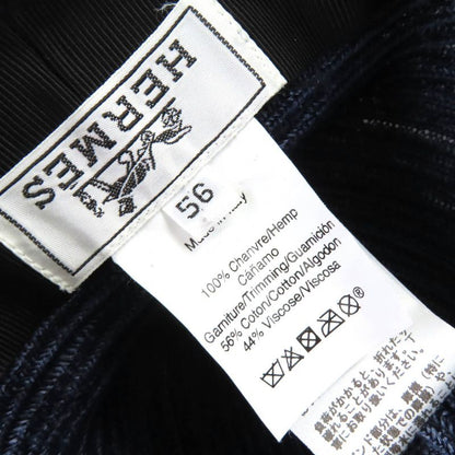 Hermes 100% Hemp H Logo Embroidered Ribbon Straw Hat Navy Yellowish 56 Made In