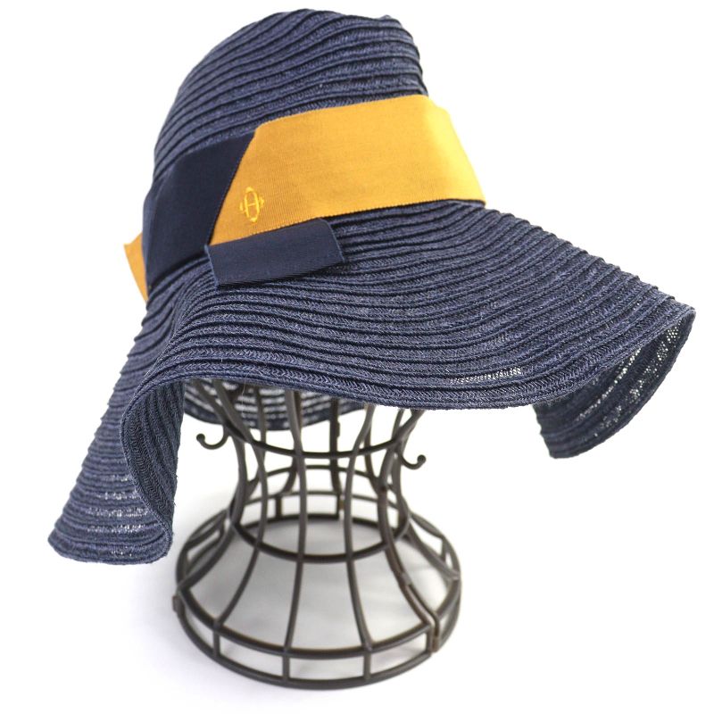 Hermes 100% Hemp H Logo Embroidered Ribbon Straw Hat Navy Yellowish 56 Made In