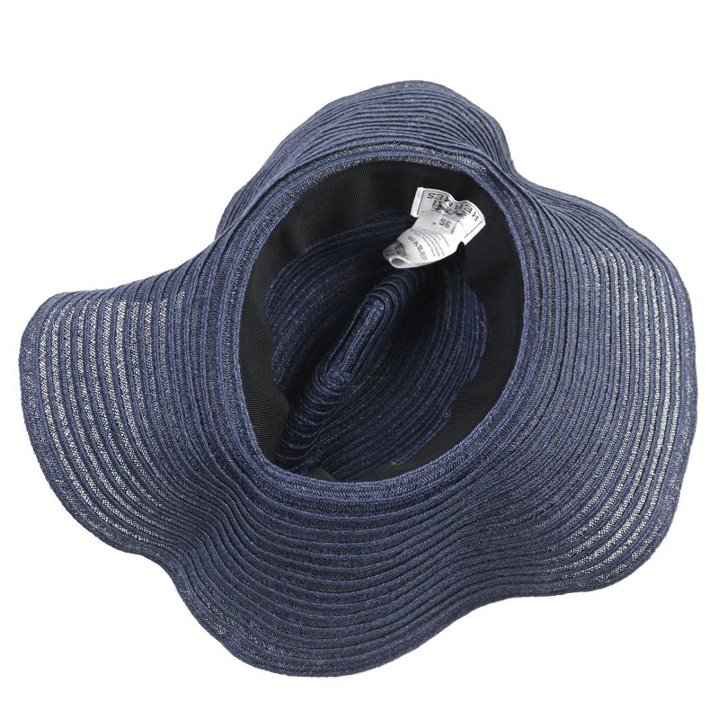 Hermes 100% Hemp H Logo Embroidered Ribbon Straw Hat Navy Yellowish 56 Made In