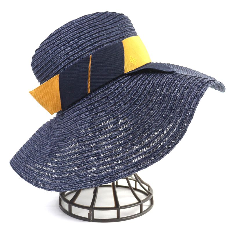Hermes 100% Hemp H Logo Embroidered Ribbon Straw Hat Navy Yellowish 56 Made In