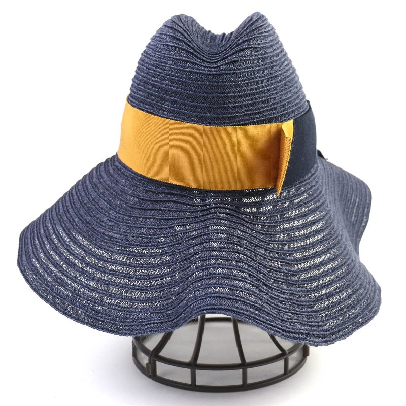 Hermes 100% Hemp H Logo Embroidered Ribbon Straw Hat Navy Yellowish 56 Made In