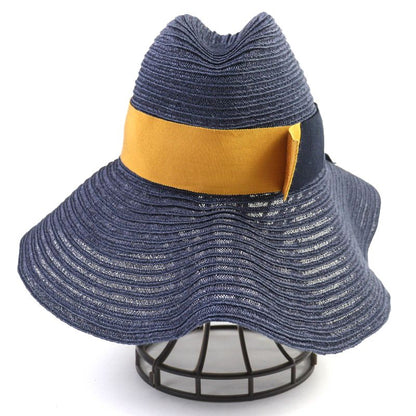 Hermes 100% Hemp H Logo Embroidered Ribbon Straw Hat Navy Yellowish 56 Made In