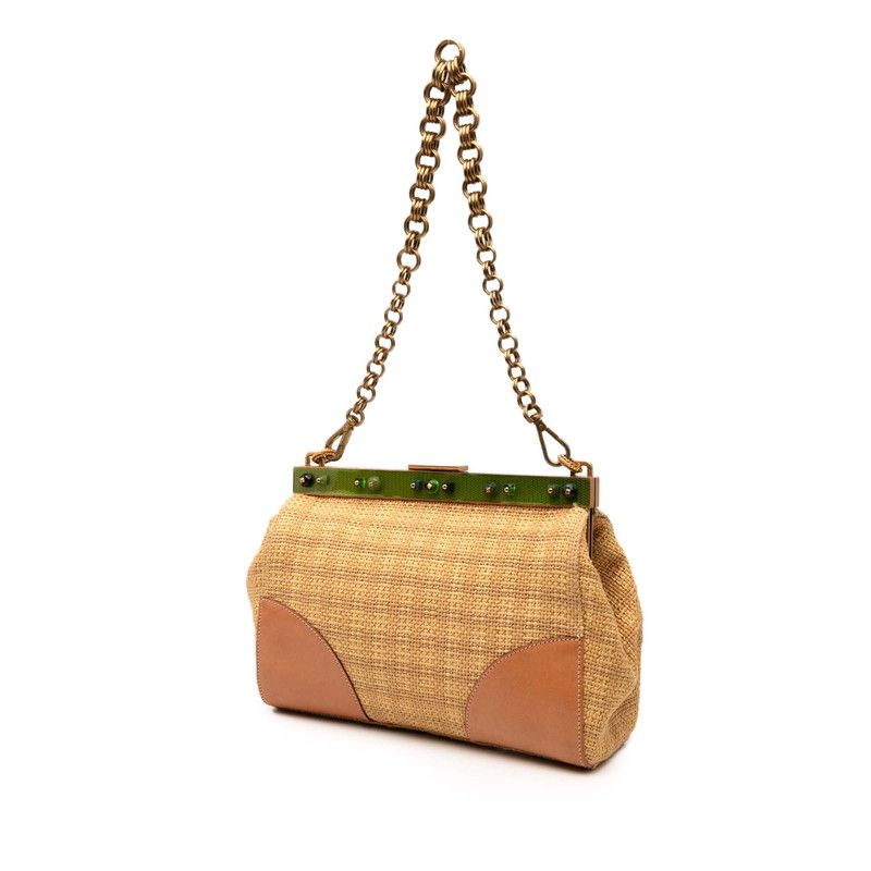 Prada Triangle Logo Plate Chain One Shoulder Bag Br2530 Beige Green Straw