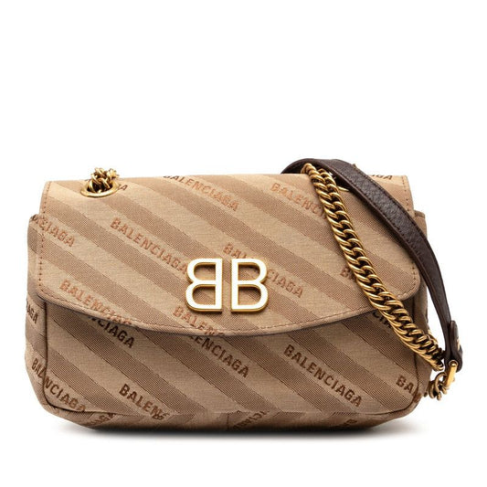 Balenciaga BB Logo Chain Shoulder Bag Handbag 516919 Beige Brown Canvas Leather