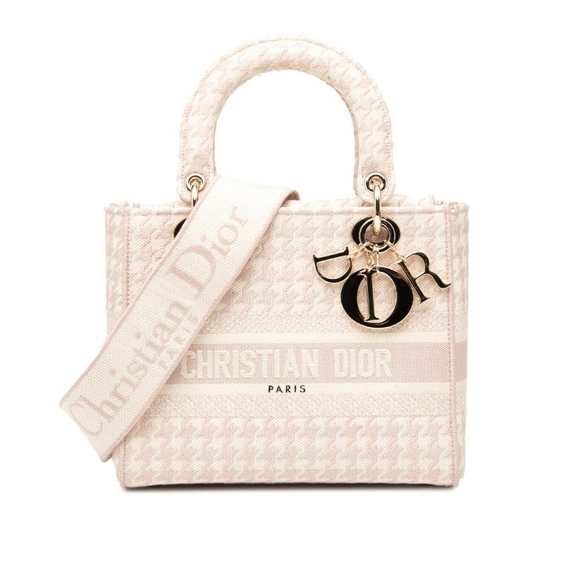 Dior Lady D-light Houndstooth Staggered Handbag Shoulder Bag 2WAY Pink White