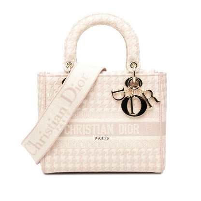 Dior Lady D-light Houndstooth Staggered Handbag Shoulder Bag 2WAY Pink White