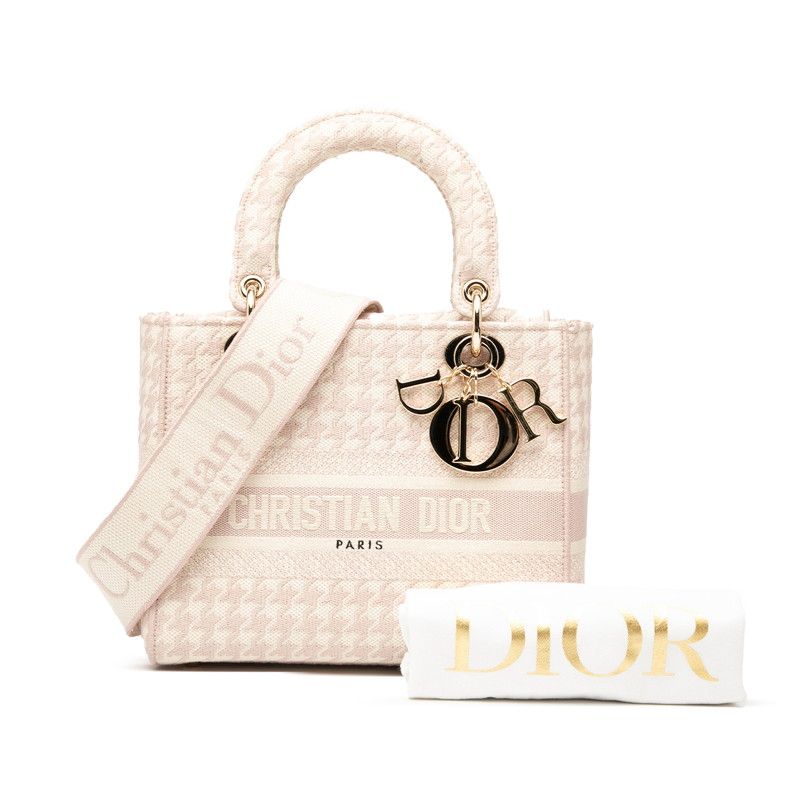 Dior Lady D-light Houndstooth Staggered Handbag Shoulder Bag 2WAY Pink White