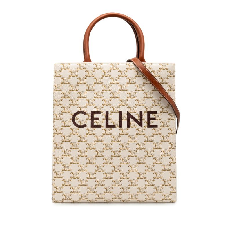 Celine Triomphe Vertical Cabas Small Tote Shoulder Bag 2WAY White Brown PVC